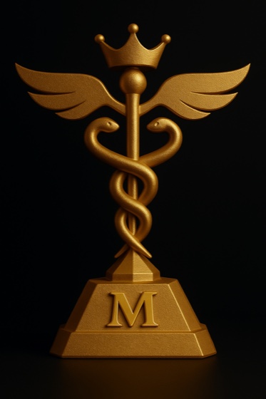 Caduceu dourado coroado: símbolo do Talk de Midas Pharma